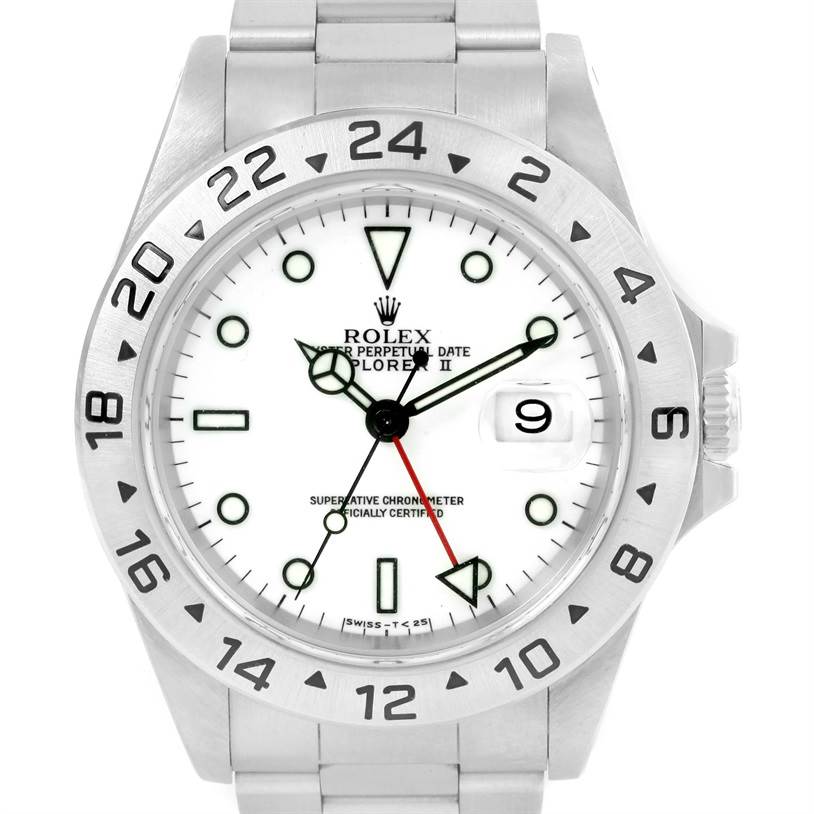 This image shows a front view of the Rolex Explorer 16570 Men's Stainless Steel White Dial 16570 Men's Stainless Steel White Dial watch, highlighting its white face, bezel, and bracelet.