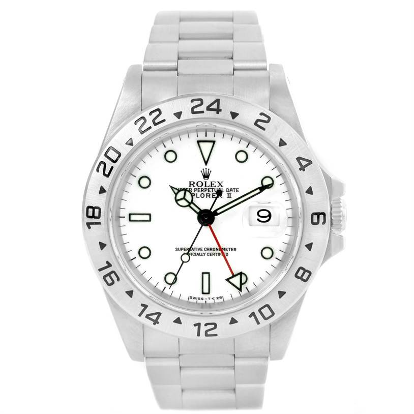 The Rolex Explorer 16570 Men's Stainless Steel White Dial 16570 Men's Stainless Steel White Dial watch is shown from the front, displaying the dial, bezel, and bracelet.