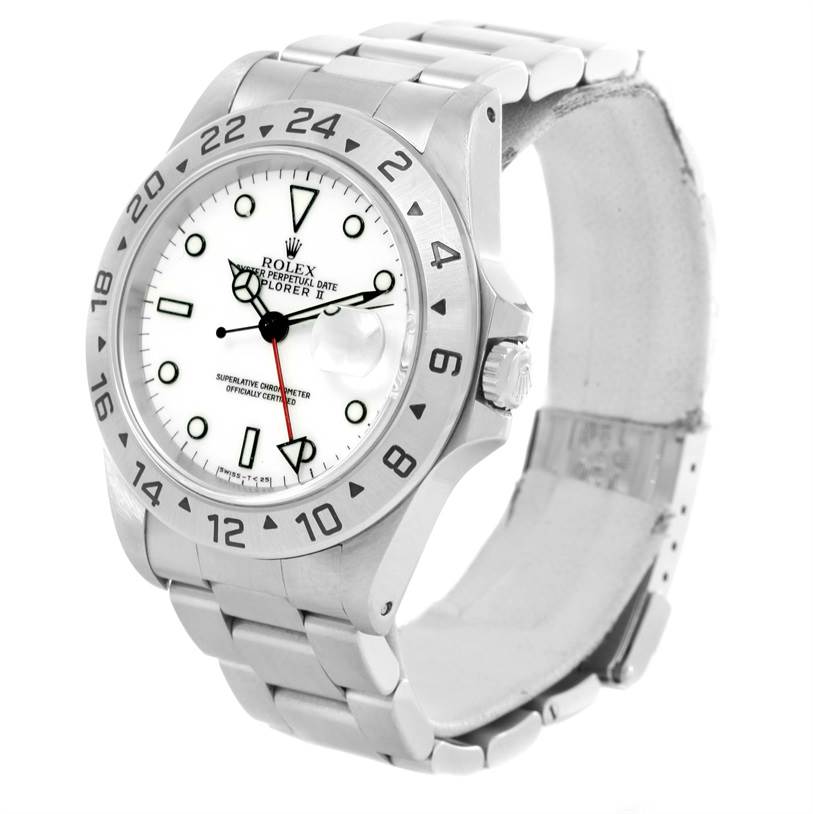 The image shows a Rolex Explorer 16570 Men's Stainless Steel White Dial 16570 Men's Stainless Steel White Dial watch at a three-quarter angle, highlighting the face, bezel, crown, and bracelet.