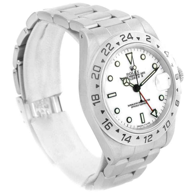 This image shows a Rolex Explorer 16570 Men's Stainless Steel White Dial 16570 Men's Stainless Steel White Dial watch at a slight angle, highlighting the watch face, bezel, and part of the bracelet.