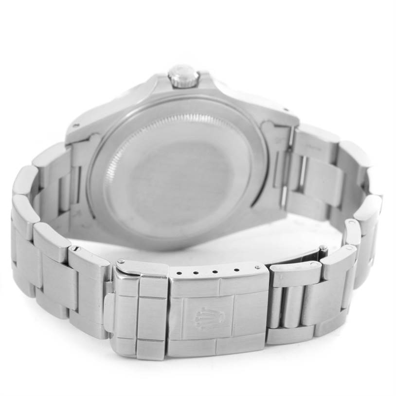 This image shows the back view of a Rolex Explorer 16570 Men's Stainless Steel White Dial 16570 Men's Stainless Steel White Dial watch, highlighting the bracelet and clasp.