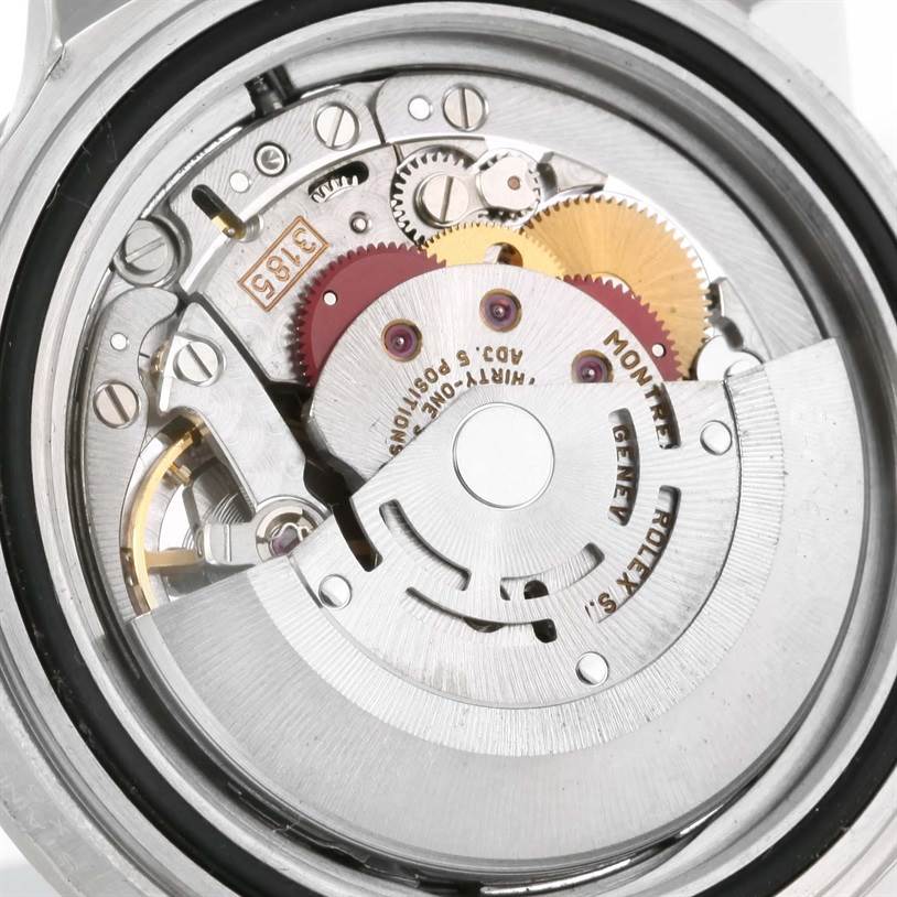 This image shows the internal mechanical movement of the Rolex Explorer 16570 Men's Stainless Steel White Dial 16570 Men's Stainless Steel White Dial watch at a direct, close-up angle.
