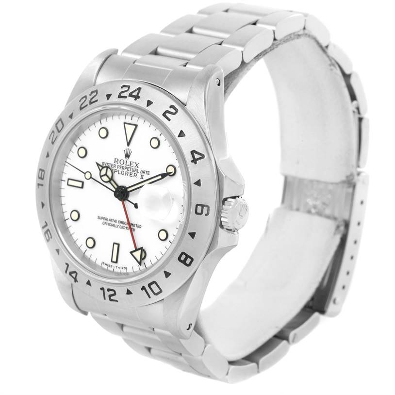 The image shows a side angle of a Rolex Explorer 16570 Men's Stainless Steel White Dial 16570 Men's Stainless Steel White Dial watch, highlighting its bezel, dial, crown, and bracelet.