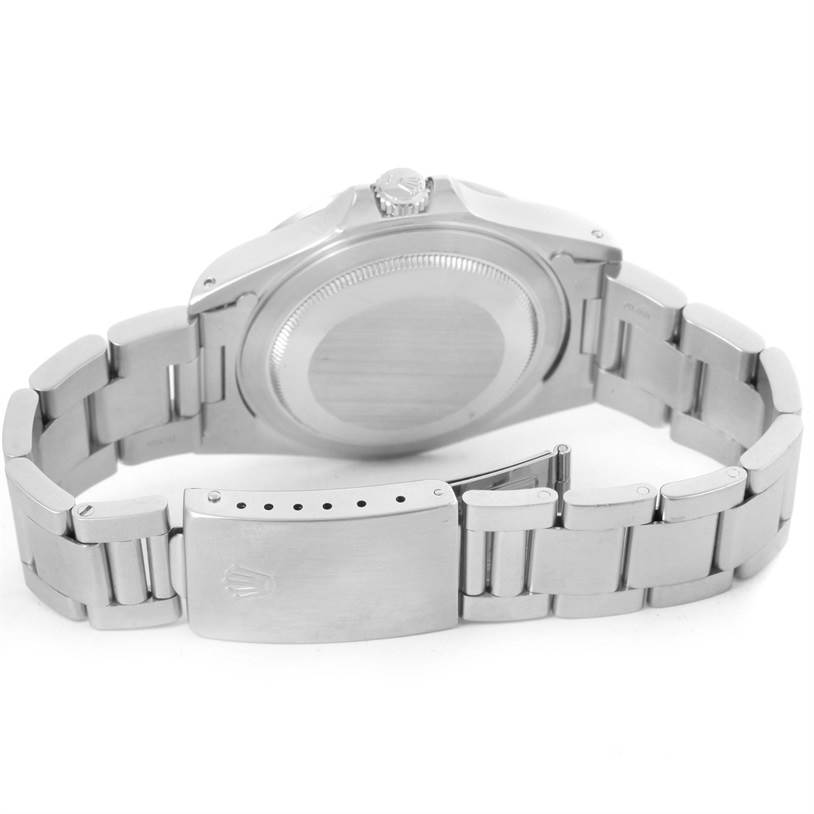 The image shows the back view of the Rolex Explorer 16570 Men's Stainless Steel White Dial 16570 Men's Stainless Steel White Dial watch, highlighting its case back and bracelet.