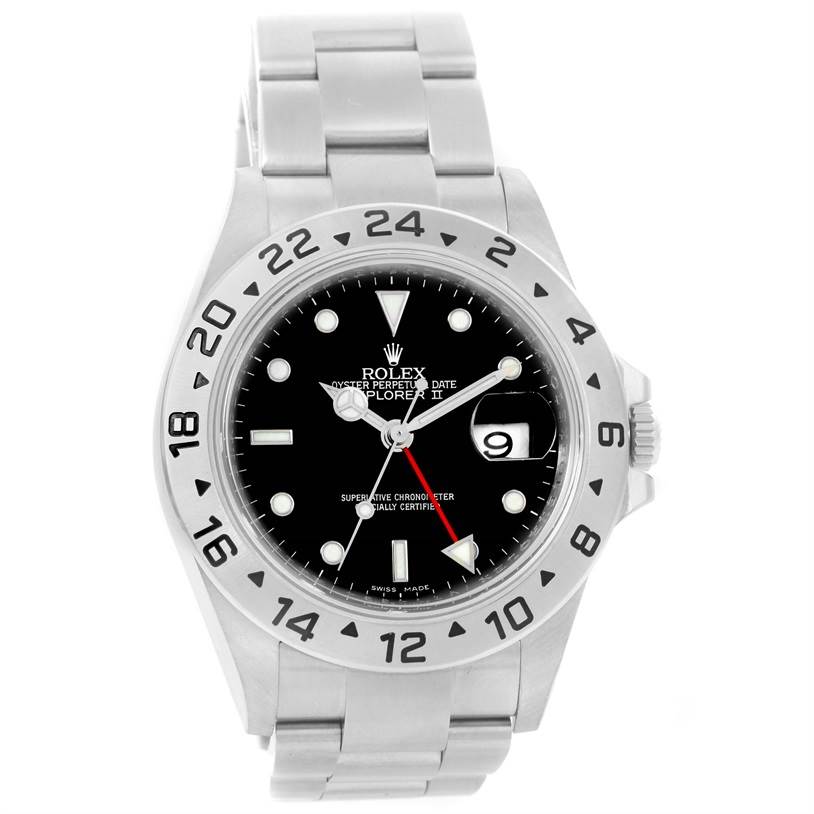 The image shows a front view of a Rolex Explorer 16570 Men's Stainless Steel Black Dial 16570 Men's Stainless Steel Black Dial watch, highlighting its bezel, dial, hands, and bracelet.