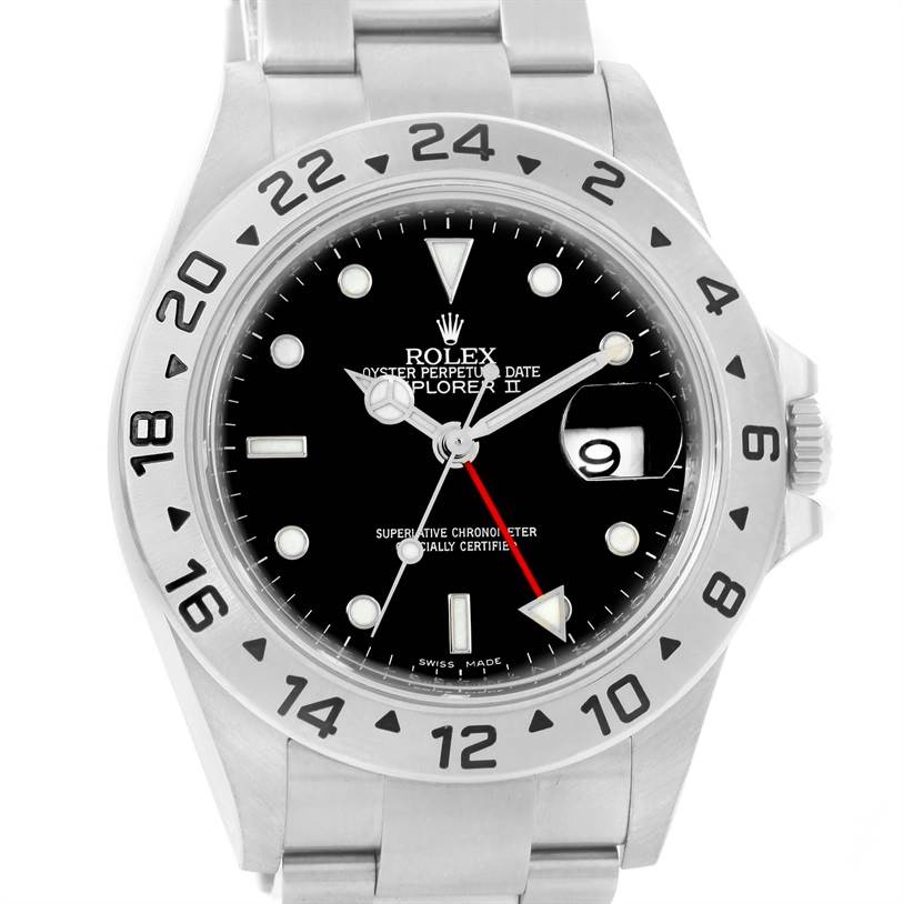 The Rolex Explorer 16570 Men's Stainless Steel Black Dial 16570 Men's Stainless Steel Black Dial watch is shown from a front angle, displaying the face, bezel, and bracelet.