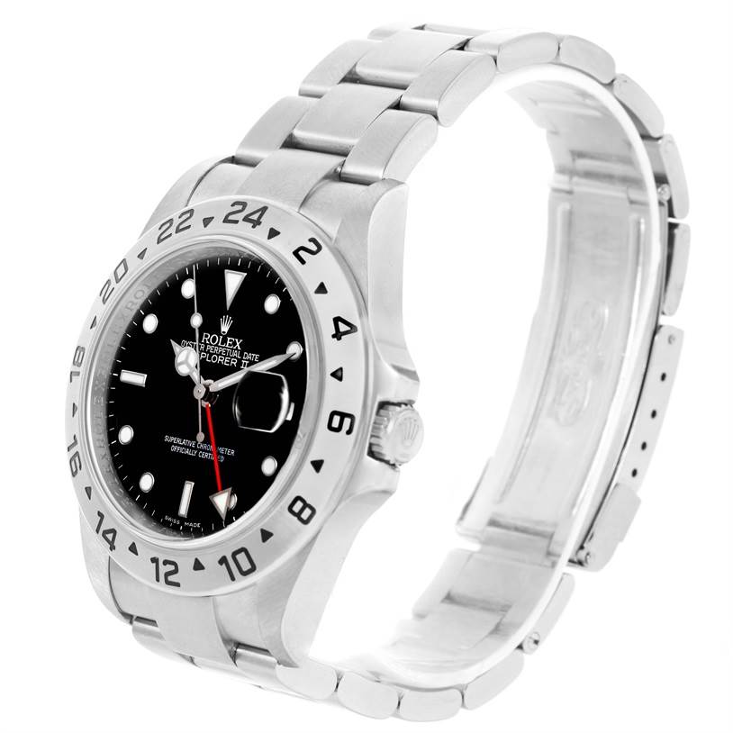 The image shows a side angle of the Rolex Explorer 16570 Men's Stainless Steel Black Dial 16570 Men's Stainless Steel Black Dial II, highlighting its bezel, dial, and bracelet.