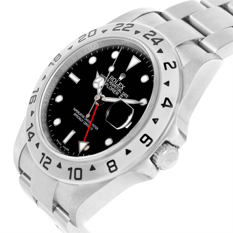 The image displays a side angle view of the Rolex Explorer 16570 Men's Stainless Steel Black Dial 16570 Men's Stainless Steel Black Dial watch, showcasing the bezel, crown, bracelet, and the black dial with a date magnifier.