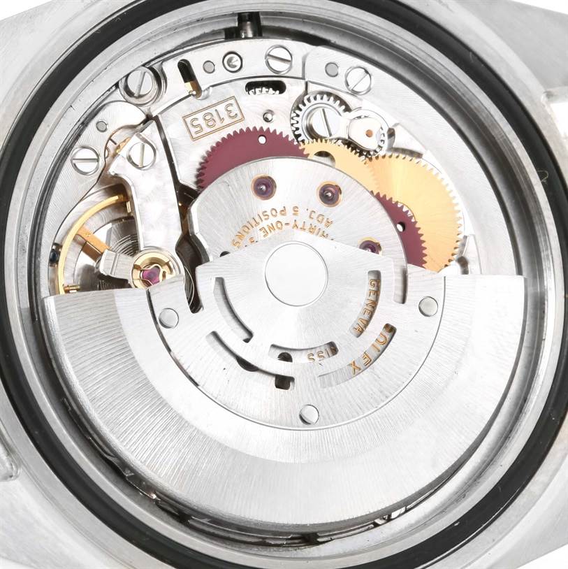This image shows the internal movement mechanism of a Rolex Explorer 16570 Men's Stainless Steel White Dial 16570 Men's Stainless Steel White Dial watch from a close-up, back angle.