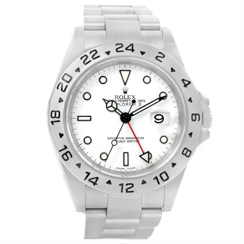 This is a front view of a Rolex Explorer 16570 Men's Stainless Steel White Dial 16570 Men's Stainless Steel White Dial watch showing the face, bezel, dial, hands, and bracelet.