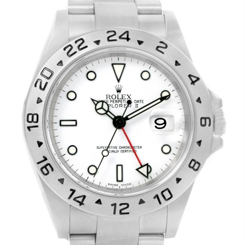 This image shows a front view of a Rolex Explorer 16570 Men's Stainless Steel White Dial 16570 Men's Stainless Steel White Dial watch, highlighting its face, bezel, and part of the bracelet.