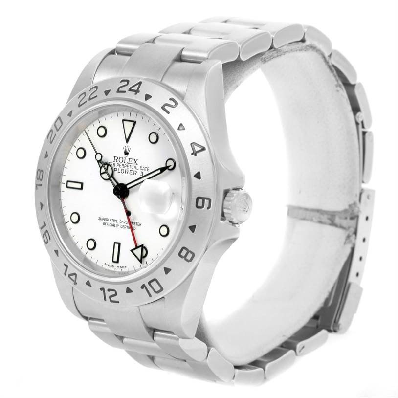 This image shows a Rolex Explorer 16570 Men's Stainless Steel White Dial 16570 Men's Stainless Steel White Dial watch from an angled side view, displaying the face, bezel, crown, and part of the bracelet.