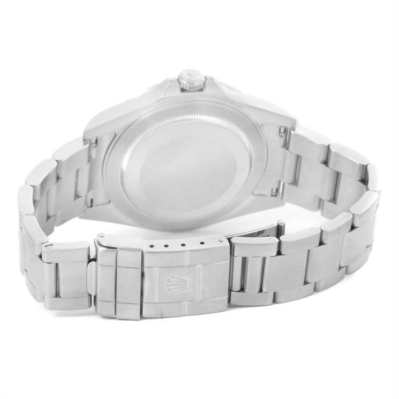 This image shows the back view of a Rolex Explorer 16570 Men's Stainless Steel White Dial 16570 Men's Stainless Steel White Dial watch, highlighting its stainless steel case back and metal bracelet.