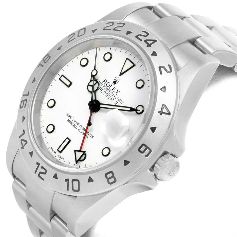 This image shows a close-up of the Rolex Explorer 16570 Men's Stainless Steel White Dial 16570 Men's Stainless Steel White Dial watch, highlighting the face, bezel, crown, and part of the bracelet.