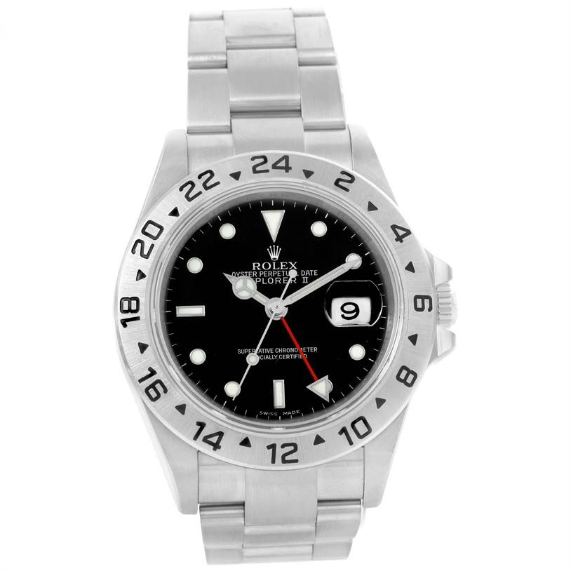 The image shows a frontal view of the Rolex Explorer 16570 Men's Stainless Steel Black Dial 16570 Men's Stainless Steel Black Dial watch, highlighting its black dial, bezel, and bracelet.