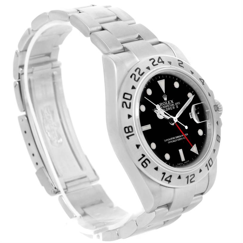 The Rolex Explorer 16570 Men's Stainless Steel Black Dial 16570 Men's Stainless Steel Black Dial watch is shown at an angled side view, highlighting its dial, bezel, case, and part of the bracelet.