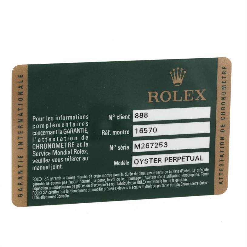 This is a warranty card for the Rolex Explorer 16570 Men's Stainless Steel Black Dial 16570 Men's Stainless Steel Black Dial model, showing client number, watch reference, serial number, and model name.