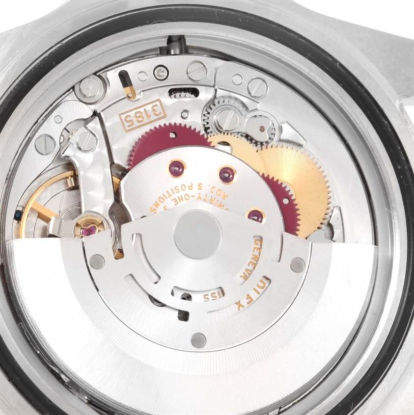 Shown is the back view of a Rolex Explorer 16570 Men's Stainless Steel White Dial 16570 Men's Stainless Steel White Dial watch, highlighting its intricate internal movement mechanism.