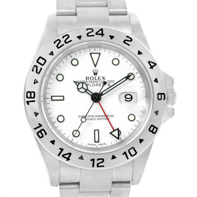 The Rolex Explorer 16570 Men's Stainless Steel White Dial 16570 Men's Stainless Steel White Dial watch is shown from a front angle, highlighting its face, bezel, and part of the bracelet.