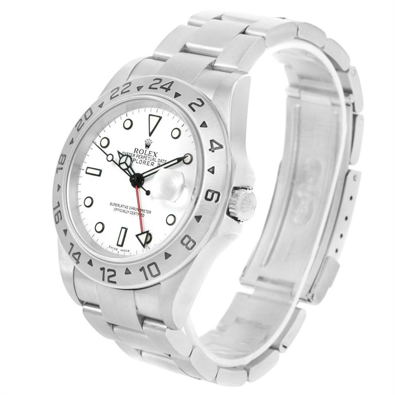 This Rolex Explorer 16570 Men's Stainless Steel White Dial 16570 Men's Stainless Steel White Dial watch is shown at a slight side angle, featuring its dial, bezel, and bracelet.