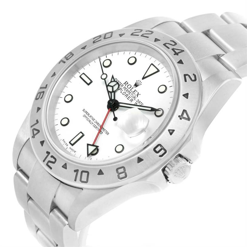 The Rolex Explorer 16570 Men's Stainless Steel White Dial 16570 Men's Stainless Steel White Dial watch is shown at a slight angle from the front, highlighting its face, bezel, and part of the bracelet.