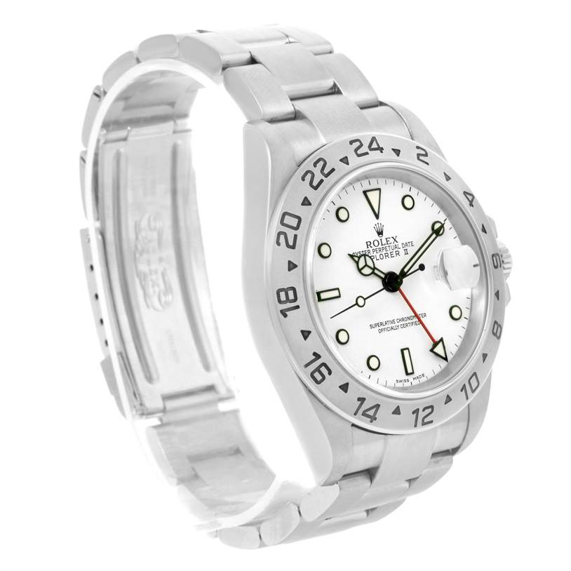 The image shows the front and side view of a Rolex Explorer 16570 Men's Stainless Steel White Dial 16570 Men's Stainless Steel White Dial watch, highlighting its face, bezel, bracelet, and clasp.