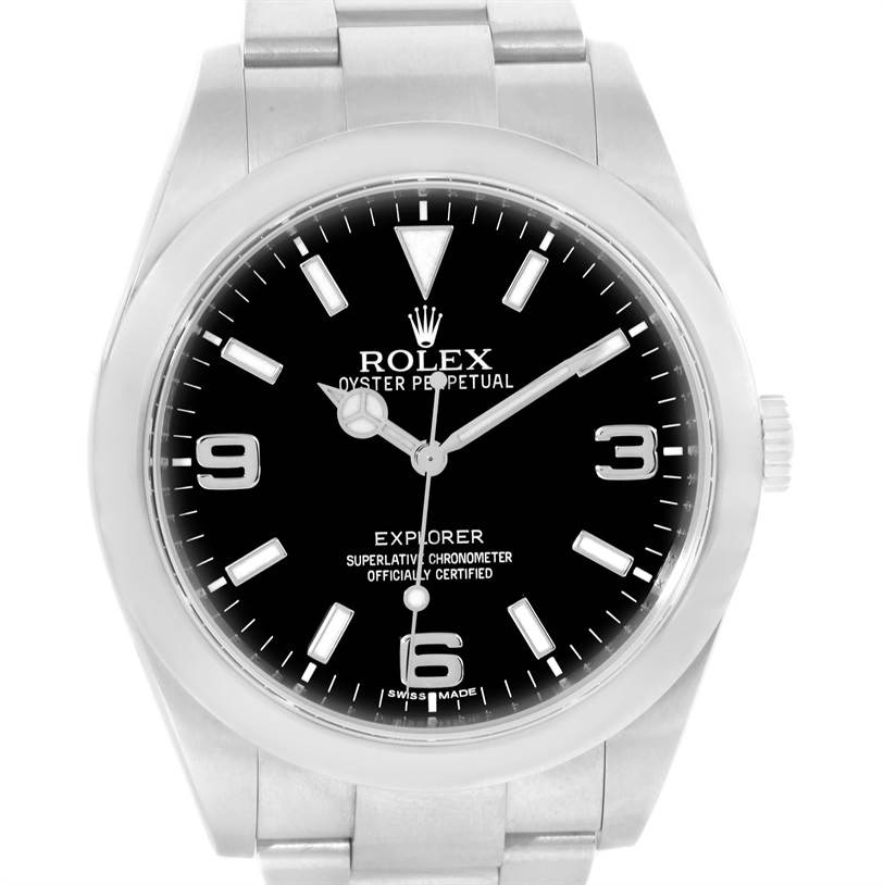The image shows a front view of a Rolex Explorer 214270 Men's Stainless Steel Black Dial 214270 Men's Stainless Steel Black Dial watch, displaying the dial, hour markers, and part of the bracelet.