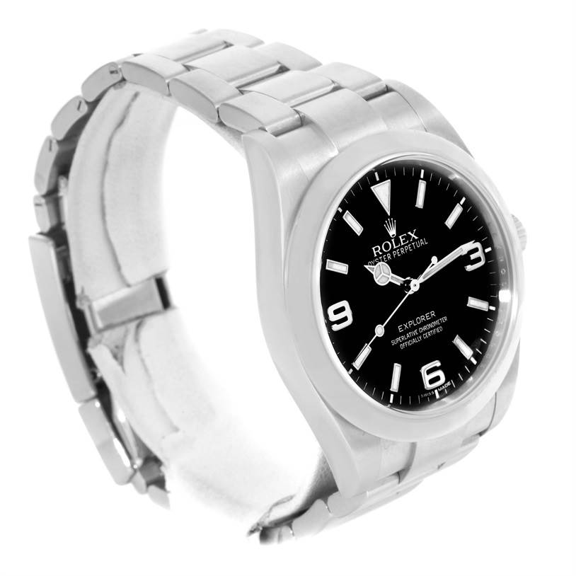 This image shows a Rolex Explorer 214270 Men's Stainless Steel Black Dial 214270 Men's Stainless Steel Black Dial watch at a slight left side angle, highlighting the face, bezel, and part of the bracelet.