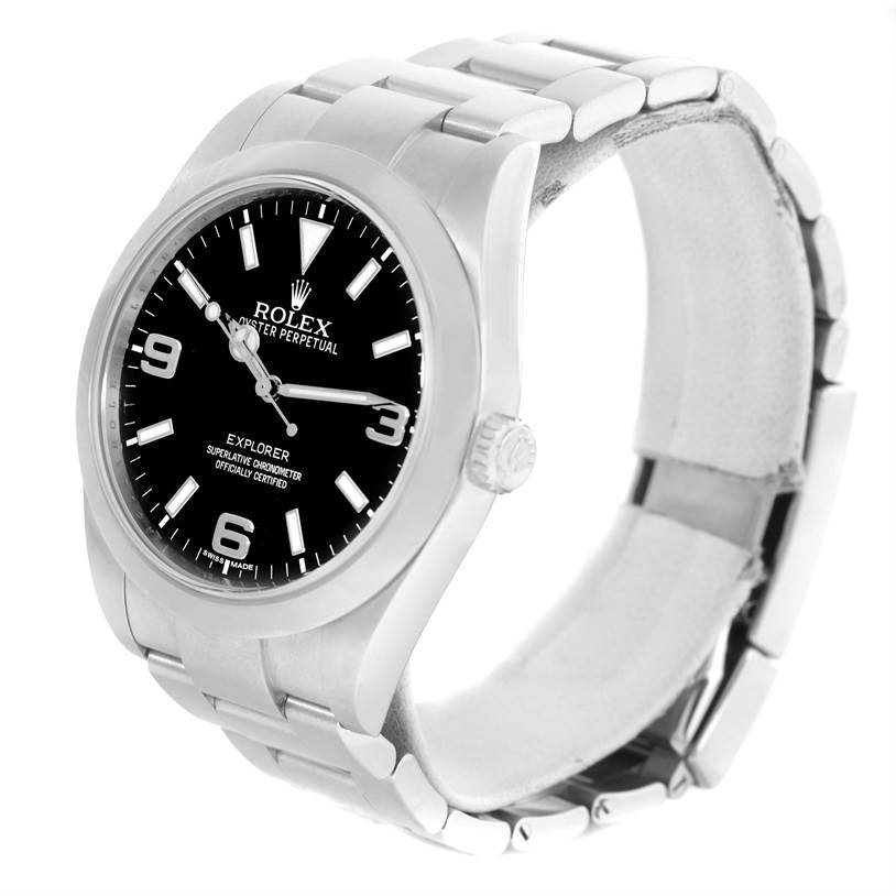 The Rolex Explorer 214270 Men's Stainless Steel Black Dial 214270 Men's Stainless Steel Black Dial watch is shown at a slight angle highlighting its black dial, stainless steel case, and bracelet.