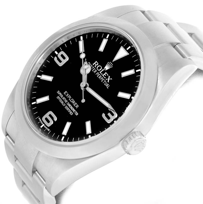 The image shows a Rolex Explorer 214270 Men's Stainless Steel Black Dial 214270 Men's Stainless Steel Black Dial watch at an angle highlighting the dial, bezel, and part of the bracelet and crown.