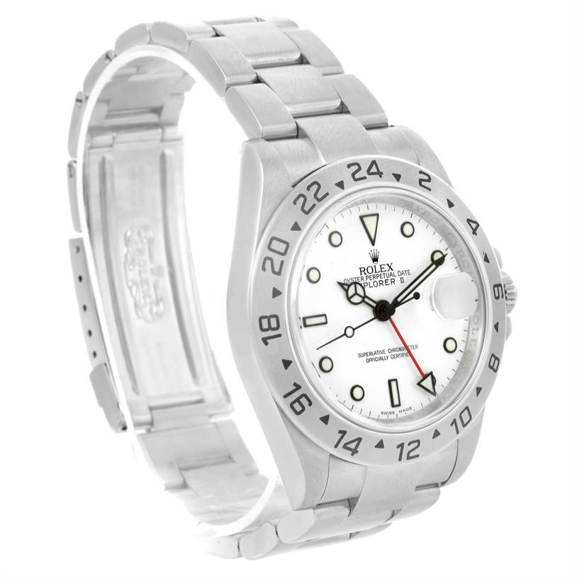 The Rolex Explorer 16570 Men's Stainless Steel White Dial 16570 Men's Stainless Steel White Dial watch is shown at a three-quarter angle, prominently displaying the dial, case, bezel, and bracelet.