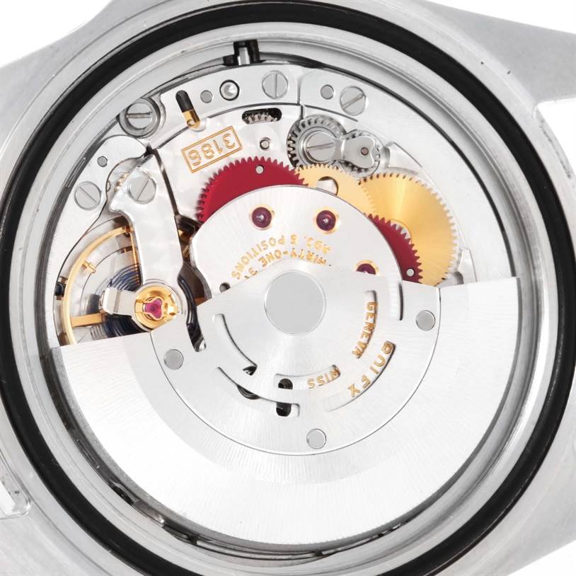 The image shows the internal mechanical movement of a Rolex Explorer 16570 Men's Stainless Steel White Dial 16570 Men's Stainless Steel White Dial watch from a close-up angle.