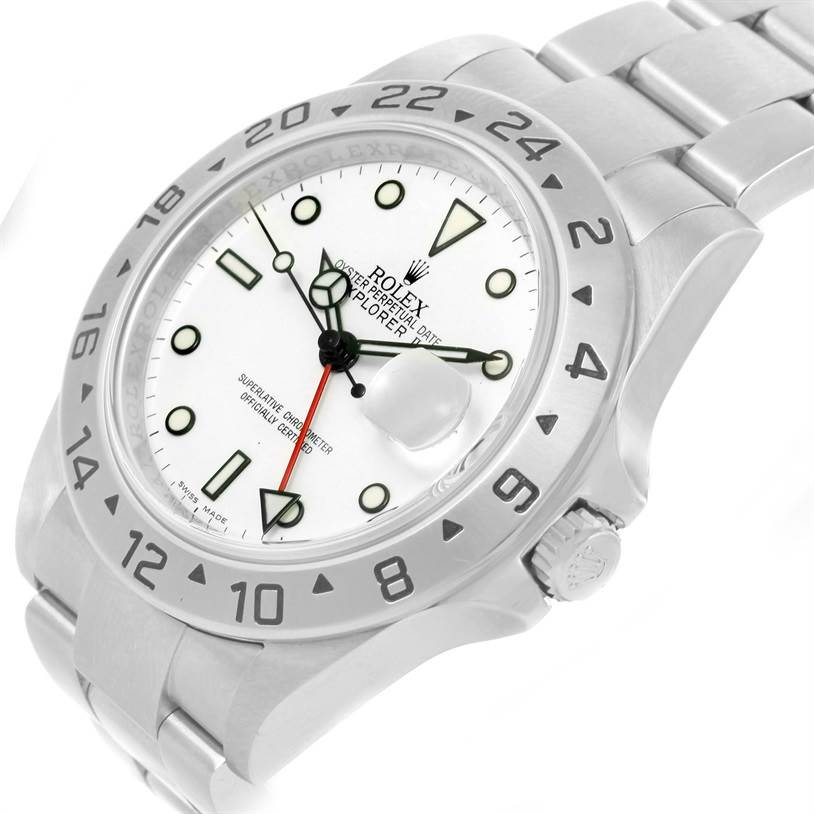 The image shows a Rolex Explorer 16570 Men's Stainless Steel White Dial 16570 Men's Stainless Steel White Dial model watch at a slight angle, displaying the face, bezel, crown, and part of the bracelet.