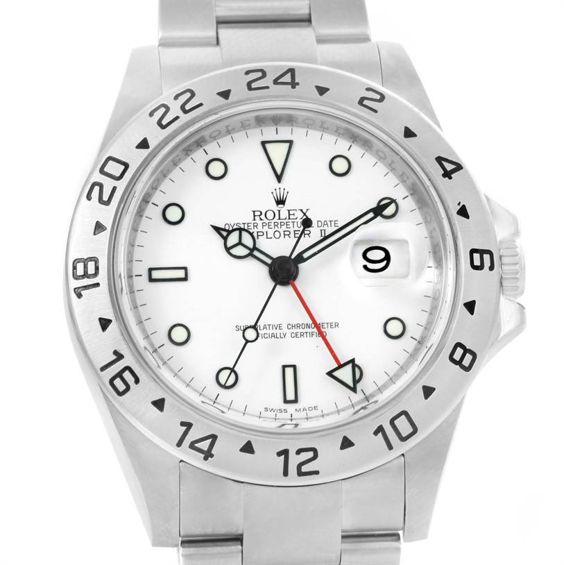 This image shows the front view of the Rolex Explorer 16570 Men's Stainless Steel White Dial 16570 Men's Stainless Steel White Dial watch, including the dial, hands, bezel, and part of the bracelet.