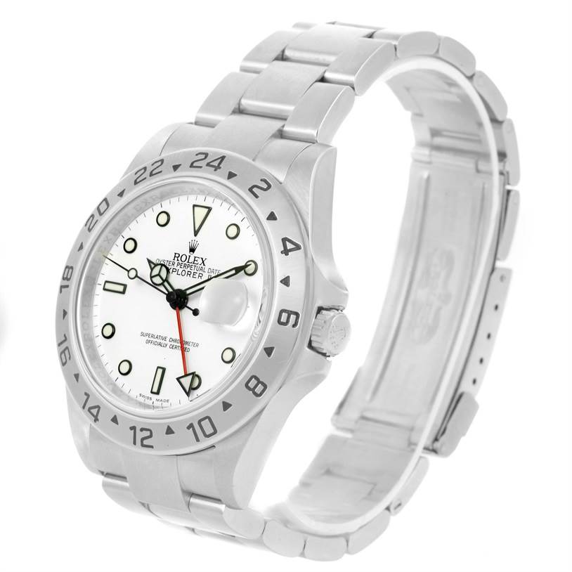 The image shows a side angle of the Rolex Explorer 16570 Men's Stainless Steel White Dial 16570 Men's Stainless Steel White Dial watch, including its face, bezel, band, and crown.