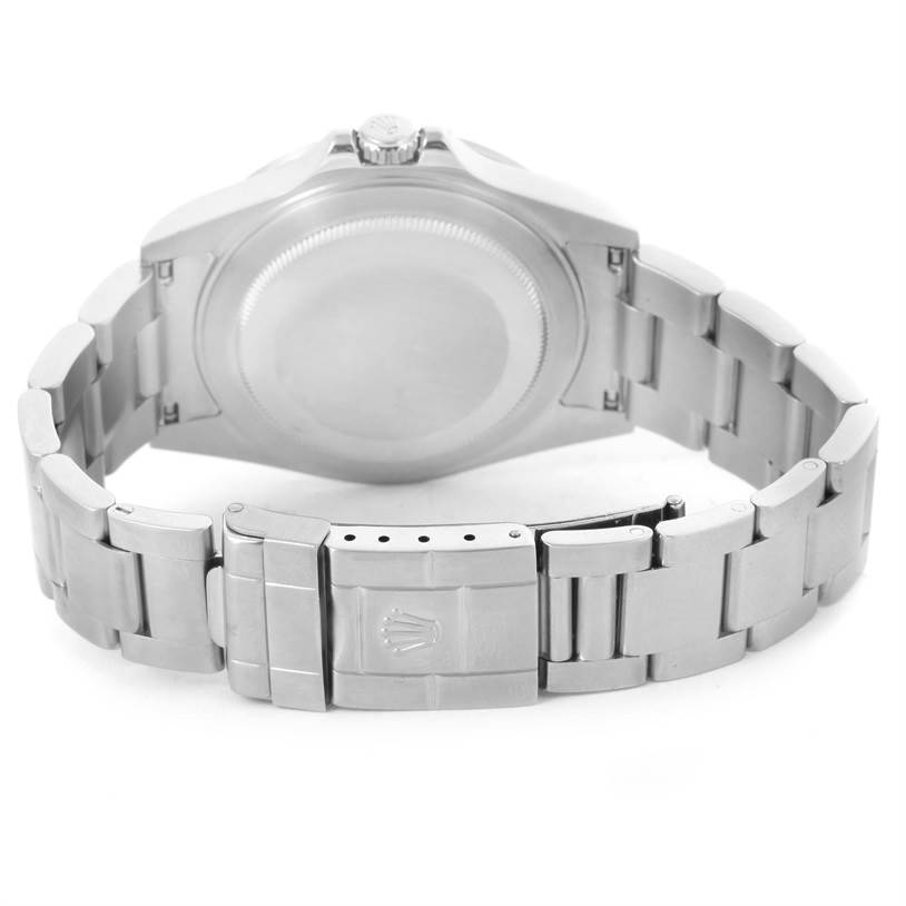 The image shows the back and clasp of a Rolex Explorer 16570 Men's Stainless Steel White Dial 16570 Men's Stainless Steel White Dial watch, highlighting its stainless steel bracelet.