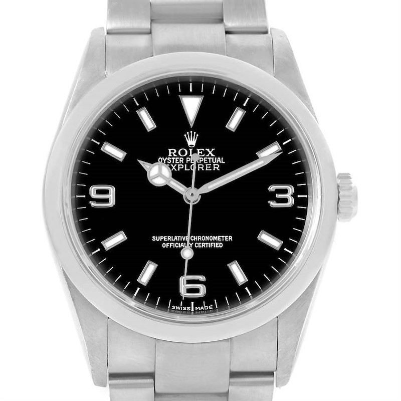 The image shows a front view of the Rolex Explorer watch, highlighting its dial, bezel, case, and part of the bracelet.