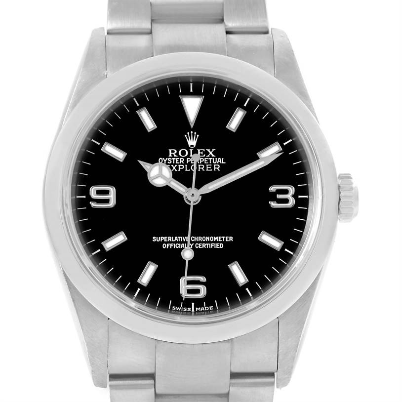 The image shows a front view of the Rolex Explorer 114270 Men's Stainless Steel Black Dial 114270 Men's Stainless Steel Black Dial watch, highlighting its dial, bezel, case, and part of the bracelet.