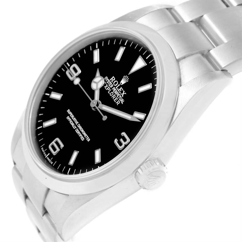 The image shows a side angle of a Rolex Explorer 114270 Men's Stainless Steel Black Dial 114270 Men's Stainless Steel Black Dial watch, highlighting its black dial, bracelet, and crown.