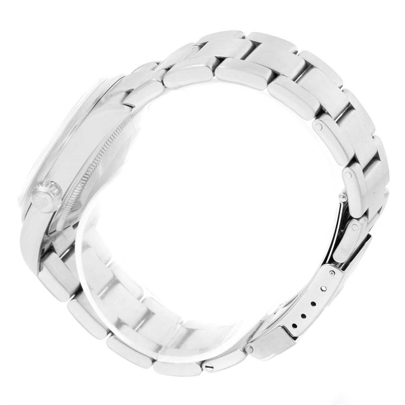 The image shows a side view of the Rolex Explorer 114270 Men's Stainless Steel Black Dial 114270 Men's Stainless Steel Black Dial watch, highlighting the metal bracelet and clasp.