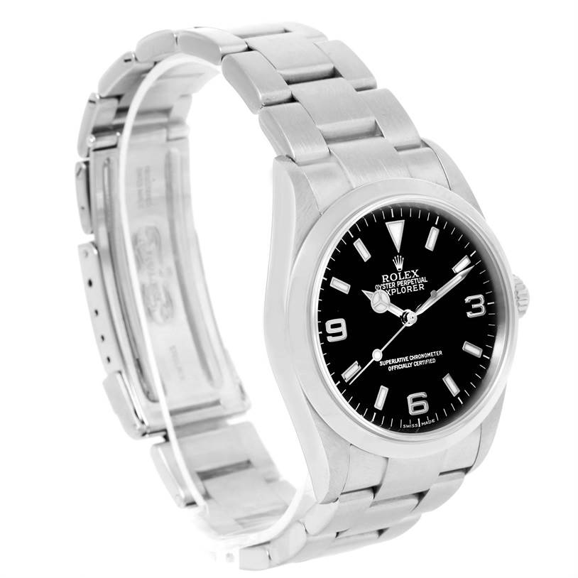 The Rolex Explorer 114270 Men's Stainless Steel Black Dial 114270 Men's Stainless Steel Black Dial watch is shown at a front-side angle, displaying the face, bezel, crown, and bracelet.