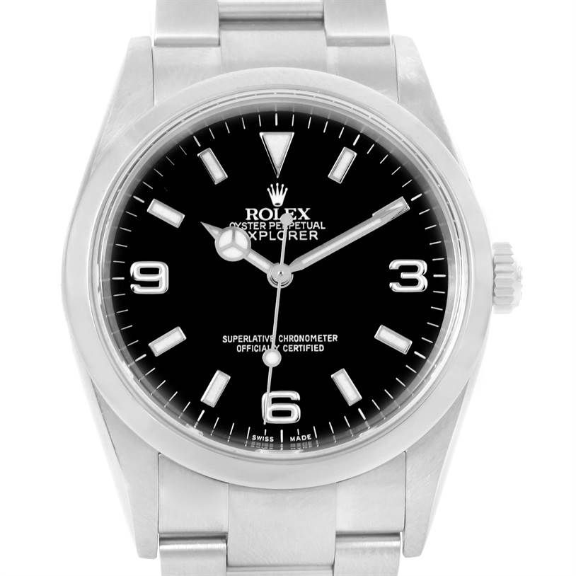This is a front view of a Rolex Explorer 114270 Men's Stainless Steel Black Dial 114270 Men's Stainless Steel Black Dial watch showing the dial, hands, crown, and part of the bracelet.