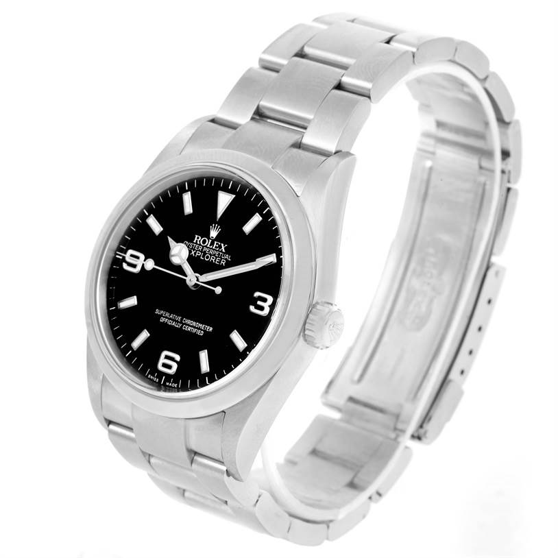 The image shows a Rolex Explorer 114270 Men's Stainless Steel Black Dial 114270 Men's Stainless Steel Black Dial watch at a three-quarter angle, displaying its face, bezel, crown, and bracelet.