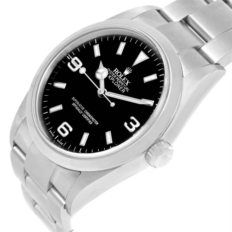 The Rolex Explorer 114270 Men's Stainless Steel Black Dial 114270 Men's Stainless Steel Black Dial watch is shown at an angle displaying the face, bezel, crown, and part of the bracelet.