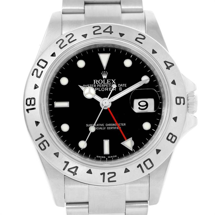 The image shows a front view of the Rolex Explorer 16570 Men's Stainless Steel Black Dial 16570 Men's Stainless Steel Black Dial watch, including the dial, bezel, case, and part of the bracelet.