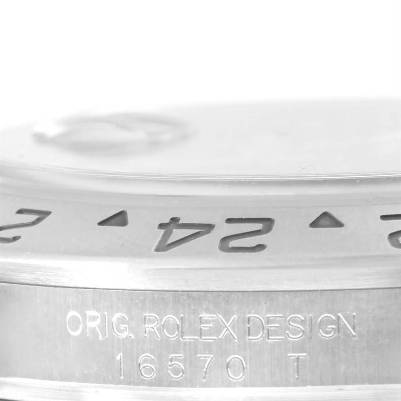 This image shows a close-up view of the bezel and case side of the Rolex Explorer 16570 Men's Stainless Steel Black Dial 16570 Men's Stainless Steel Black Dial model, highlighting the model number 16570.
