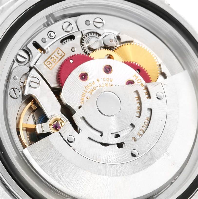 This image shows the movement and internal components of a Rolex Explorer 16570 Men's Stainless Steel Black Dial 16570 Men's Stainless Steel Black Dial watch from a close-up, top-down angle.