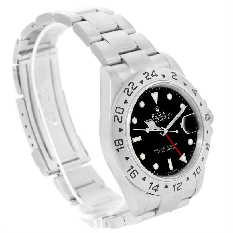 The image shows a Rolex Explorer 16570 Men's Stainless Steel Black Dial 16570 Men's Stainless Steel Black Dial watch at an angle revealing the bracelet, dial, bezel, and part of the clasp.