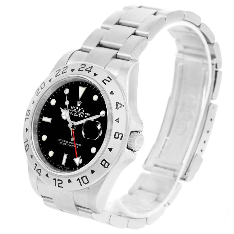 The Rolex Explorer 16570 Men's Stainless Steel Black Dial 16570 Men's Stainless Steel Black Dial model watch is shown at a slight angle, highlighting the dial, bezel, crown, and part of the bracelet.