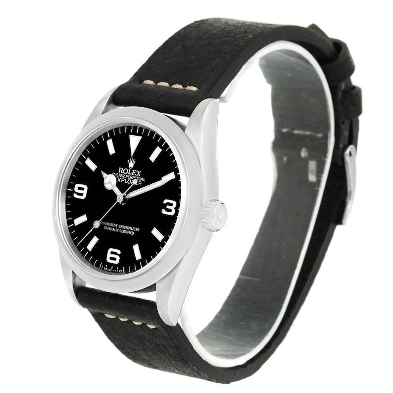 Rolex Explorer I Mens Steel Black Dial Leather Strap Watch 14270 SwissWatchExpo